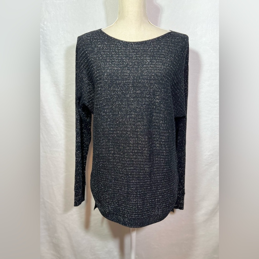 Hannah Pop Over Sweater Size M Black with Silver Shimmer Long Sleeve - Picture 2 of 7